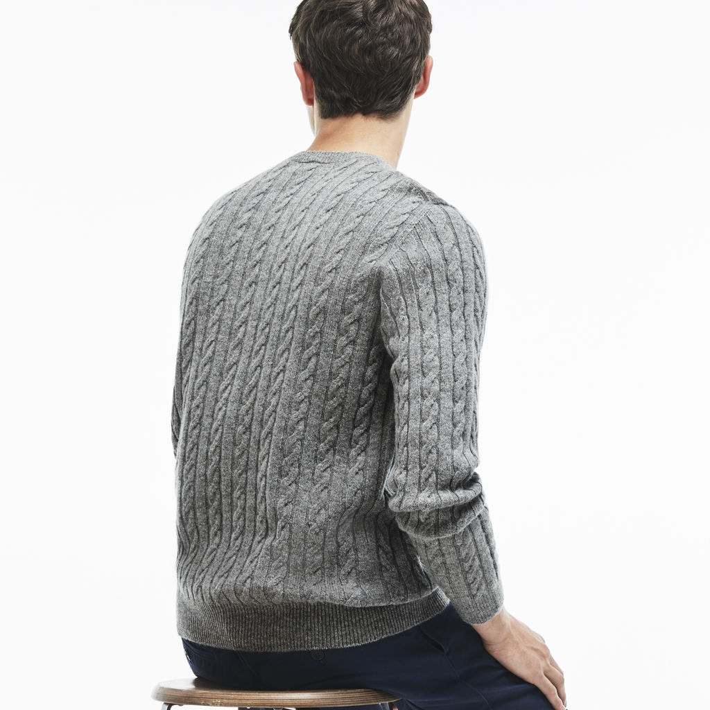 Lacoste Cable Knit Men's Wool Sweater in Stone Gray - Sportique