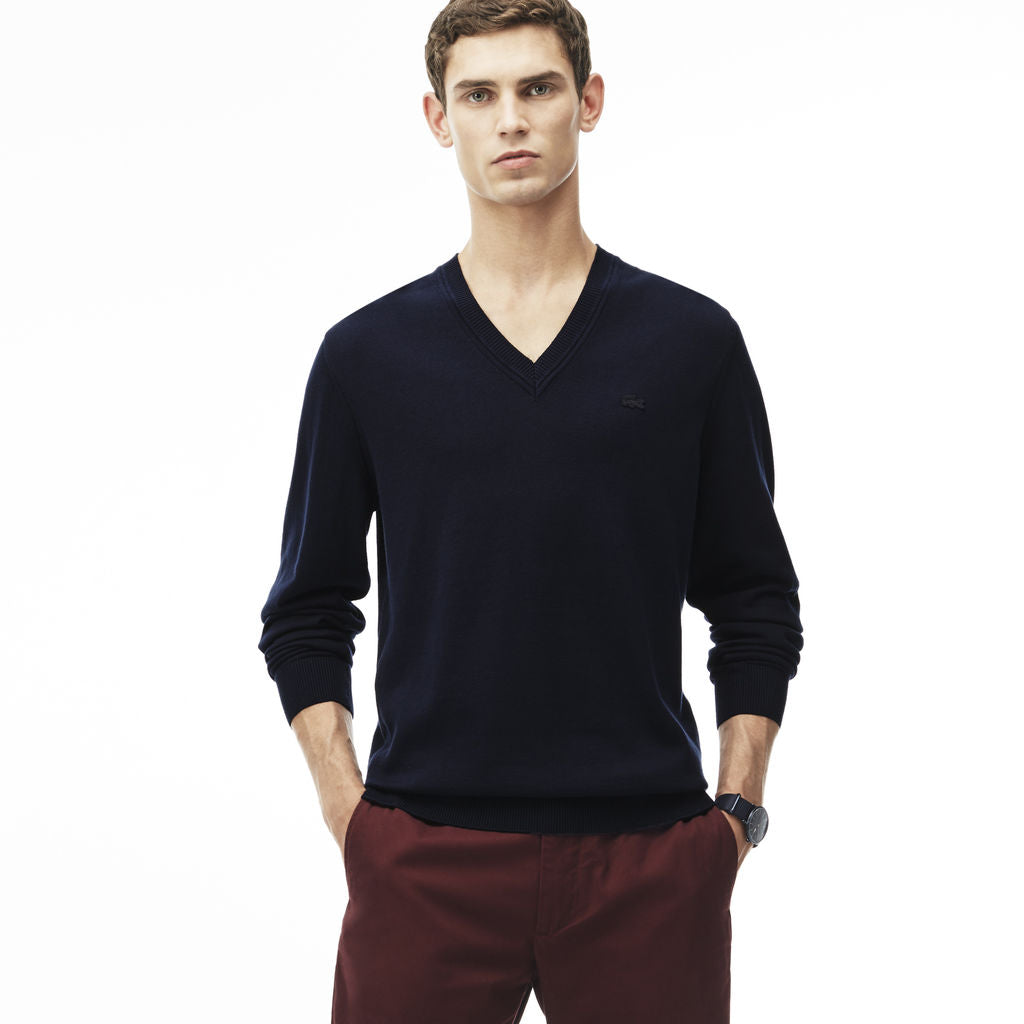 Lacoste Ribbed Men's V-Neck Sweater in Navy Blue – Sportique