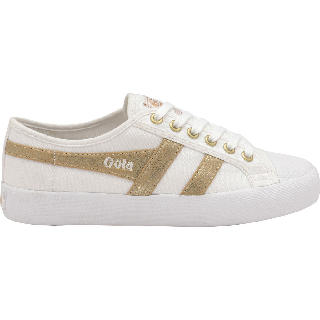 white and gold tennis shoes