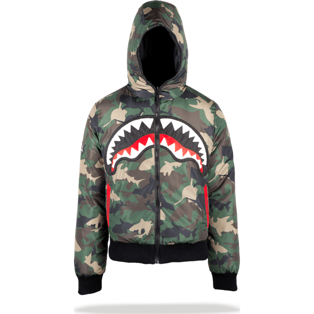 Sprayground Camo Shark Mouth Jacket  Camo Down Jacket 