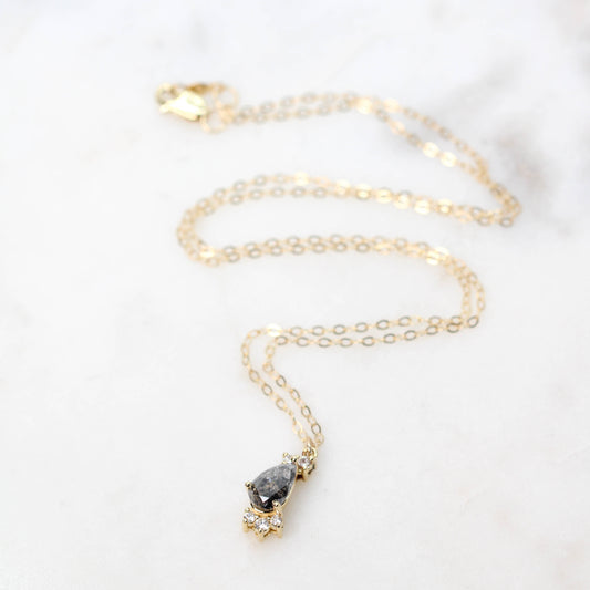 Christina Necklace with a 0.73 Carat Dark Gray Pear Diamond and White Accent Diamonds in 14k Yellow Gold - Ready to Ship - Midwinter Co. Alternative Bridal Rings and Modern Fine Jewelry