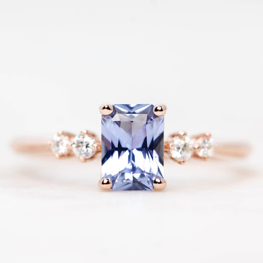 Cordelia Ring with a 0.88 Carat Blue Emerald Cut Sapphire and Diamond Accents in 14k Rose Gold - Ready to Size and Ship - Midwinter Co. Alternative Bridal Rings and Modern Fine Jewelry