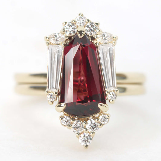 Christine Ring with a 2.68 Carat Shield Garnet and White Accent Diamonds in 14k Yellow Gold with Matching Band - Ready to Size and Ship - Midwinter Co. Alternative Bridal Rings and Modern Fine Jewelry