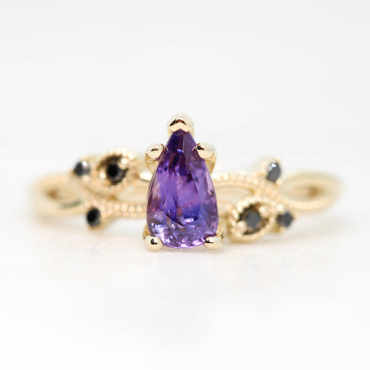 Jasmine Ring with a 1.03 Carat Purple Pear Sapphire and Black Accent Diamonds in 14k Yellow Gold - Ready to Size and Ship - Midwinter Co. Alternative Bridal Rings and Modern Fine Jewelry