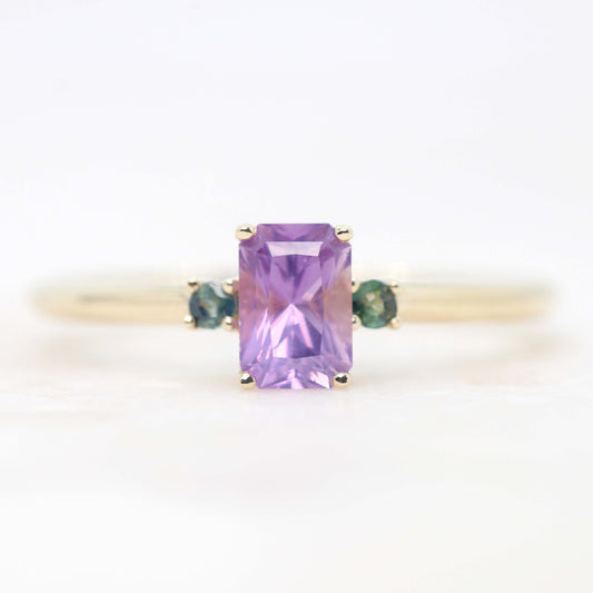 Terra Ring with a 0.81 Carat Radiant Cut Purple Sapphire and Teal Sapphire Accents in 14k Yellow Gold - Ready to Size and Ship - Midwinter Co. Alternative Bridal Rings and Modern Fine Jewelry