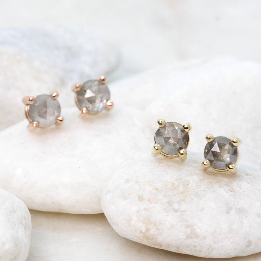 Rose Cut 4.25mm-4.5mm Misty Gray Celestial Diamond Earring Studs in 14k Rose Gold - Ready to Ship - Midwinter Co. Alternative Bridal Rings and Modern Fine Jewelry