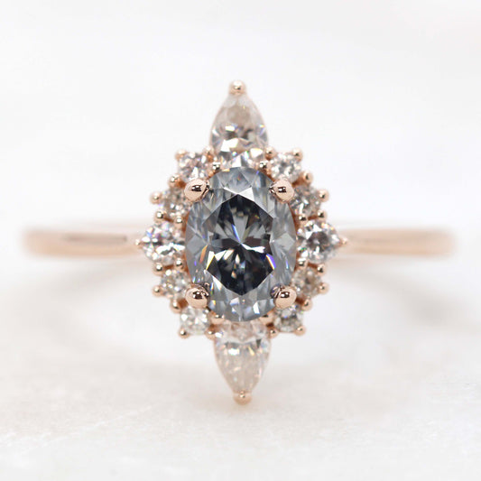 Noelle Ring with a 0.80 Carat Gray Oval Moissanite and Moissanite Accents - Made to Order, Choose Your Gold Tone - Midwinter Co. Alternative Bridal Rings and Modern Fine Jewelry