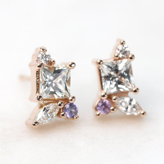 CAELEN (M) Princess Cut White Sapphire Cluster Earrings with Diamond & Pink Sapphire Accents - Made to Order, Your Choice of 14k Gold - Midwinter Co. Alternative Bridal Rings and Modern Fine Jewelry