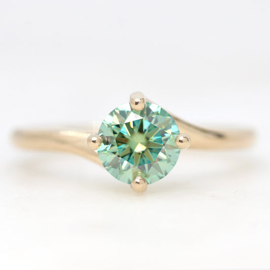 Spira Ring with a 1.00 Carat Round Teal Moissanite in 14k Champagne Gold - Ready to Size and Ship - Midwinter Co. Alternative Bridal Rings and Modern Fine Jewelry