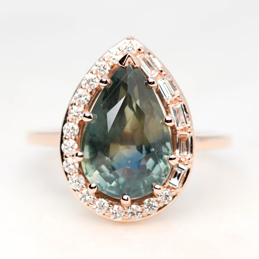 Collins Ring with a 6.21 Carat Teal Pear Sapphire and White Accent Diamonds in 14k Rose Gold - Ready to Size and Ship - Midwinter Co. Alternative Bridal Rings and Modern Fine Jewelry