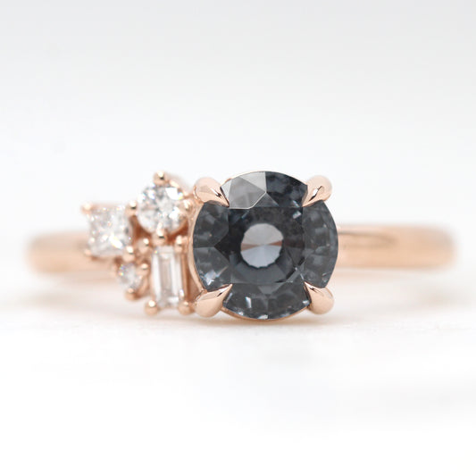 Abigail Ring with a 1.40 Carat Round Blue Gray Spinel and White Accent Diamonds in 14k Rose Gold - Ready to Size and Ship - Midwinter Co. Alternative Bridal Rings and Modern Fine Jewelry