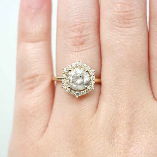 Stella Ring with a 2.44 Carat Round Light Gray Celestial Diamond and White Accent Diamonds in 14k Yellow Gold - Ready to Size and Ship - Midwinter Co. Alternative Bridal Rings and Modern Fine Jewelry