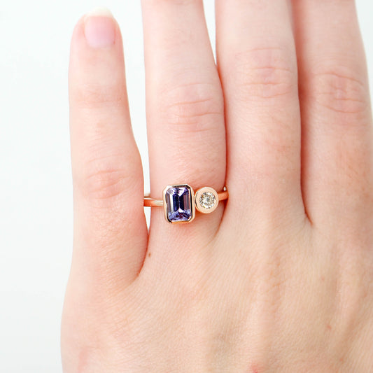 (SB) Toi et Moi Ring with an Emerald Cut Tanzanite & White Round Diamond - Made to Order, Choose Your Gold Tone - Midwinter Co. Alternative Bridal Rings and Modern Fine Jewelry