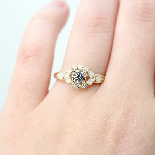 Endora Ring with a Round Gray Moissanite and Moissanite Accents - Made to Order, Choose Your Gold Tone - Midwinter Co. Alternative Bridal Rings and Modern Fine Jewelry