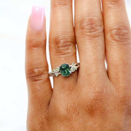 Jasmine Ring with a 2.18 Carat Oval Green Sapphire and Light Green Diamond Accents in Platinum - Ready to Size and Ship - Midwinter Co. Alternative Bridal Rings and Modern Fine Jewelry