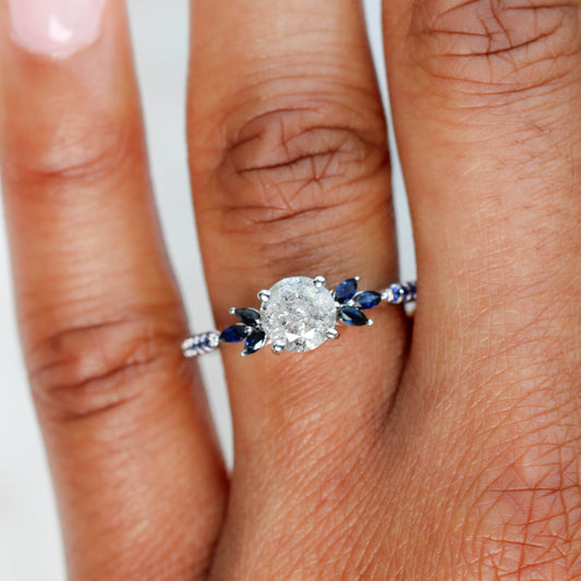 Betty Ring with a 1.11 Carat Round Light Gray Celestial Diamond and Blue Accent Sapphires in 14k White Gold - Ready to Size and Ship - Midwinter Co. Alternative Bridal Rings and Modern Fine Jewelry