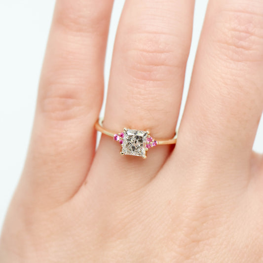 Imogene Ring with a 1.25 Carat Clear Celestial Princess Cut Diamond and Pink Accent Sapphires in 14k Yellow Gold - Ready to Size and Ship - Midwinter Co. Alternative Bridal Rings and Modern Fine Jewelry