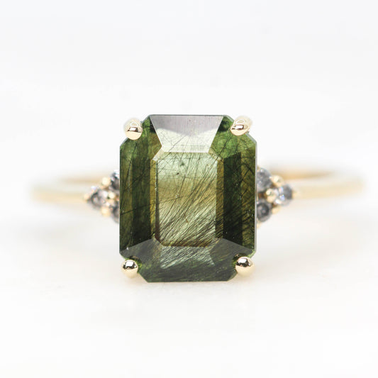 Imogene Ring with a 3.65 Carat Emerald Cut Peridot and Gray Accent Diamonds in 14k Yellow Gold - Ready to Size and Ship - Midwinter Co. Alternative Bridal Rings and Modern Fine Jewelry