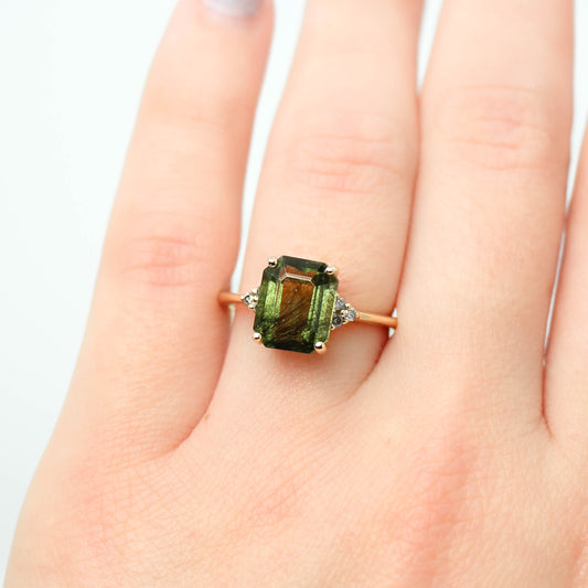 Imogene Ring with a 3.65 Carat Emerald Cut Peridot and Gray Accent Diamonds in 14k Yellow Gold - Ready to Size and Ship - Midwinter Co. Alternative Bridal Rings and Modern Fine Jewelry