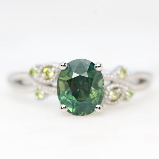 Jasmine Ring with a 2.18 Carat Oval Green Sapphire and Light Green Diamond Accents in Platinum - Ready to Size and Ship - Midwinter Co. Alternative Bridal Rings and Modern Fine Jewelry