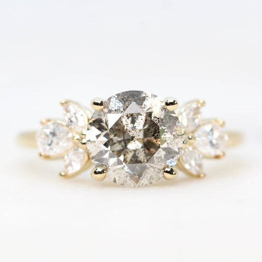 Kendra Ring with a 2.50 Carat Round Champagne Salt and Pepper Diamond and White Accent Diamonds in 14k Yellow Gold - Ready to Size and Ship - Midwinter Co. Alternative Bridal Rings and Modern Fine Jewelry