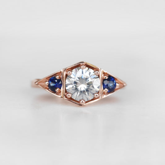 Cassia Ring with Gray Moissanite and Blue Sapphire Accents in 10k Rose Gold - Ready to Size and Ship - Midwinter Co. Alternative Bridal Rings and Modern Fine Jewelry