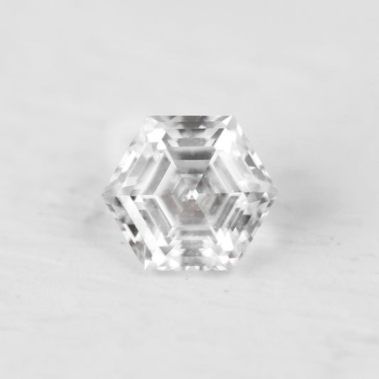 6mm Clear Hexagon Moissanite - Inventory Code MHEX1 - Midwinter Co. Alternative Bridal Rings and Modern Fine Jewelry