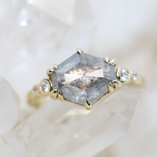 Joyce Ring with a 3.51 Carat Pale Gray Celestial Hexagon Diamond and White Accent Diamonds in 14k Yellow Gold - Ready to Size and Ship - Midwinter Co. Alternative Bridal Rings and Modern Fine Jewelry