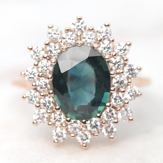 Catherine Ring with a 2.40 Carat Teal Oval Sapphire and White Accent Diamonds in 14k Rose Gold - Ready to Size and Ship - Midwinter Co. Alternative Bridal Rings and Modern Fine Jewelry