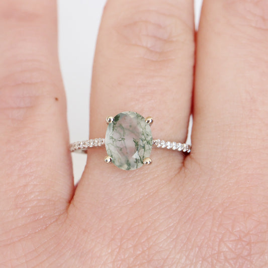 Raine Ring with a 2.06 Carat Moss Agate and Accent Diamonds in 14k White Gold - Ready to size and ship - Midwinter Co. Alternative Bridal Rings and Modern Fine Jewelry