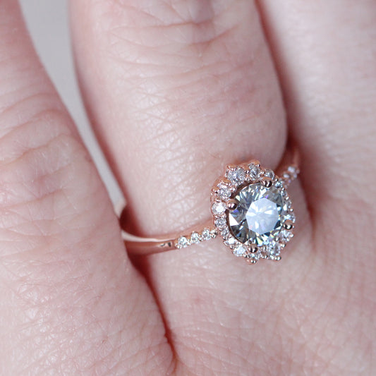 Grace Ring with a 0.75 Carat Gray Moissanite Surrounded by White Diamond Accents in 14k Rose Gold - Ready to Size and Ship - Midwinter Co. Alternative Bridal Rings and Modern Fine Jewelry