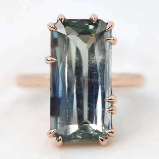 Elena Ring with a 10.75 Carat Emerald Cut Green Blue Bi-Color Sapphire in 14k Rose Gold - Ready to Size and Ship - Midwinter Co. Alternative Bridal Rings and Modern Fine Jewelry