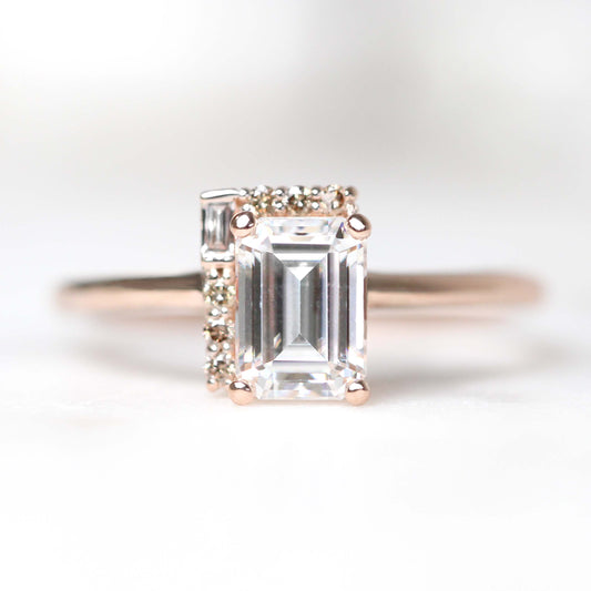 Celine Ring with a 0.92 Carat Emerald Cut Moissanite and Cognac Accent Diamonds in 14k Rose Gold - Ready to Size and Ship - Midwinter Co. Alternative Bridal Rings and Modern Fine Jewelry