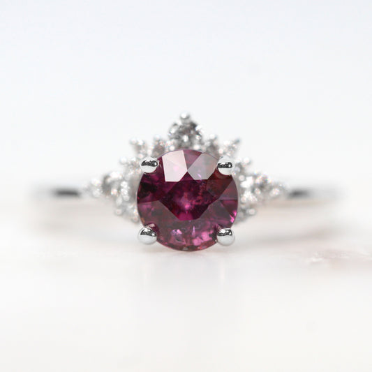 Athena Ring with a 1.72 Carat Round Purple Pink Sapphire and White Accent Diamonds in 14k White Gold - Ready to Size and Ship - Midwinter Co. Alternative Bridal Rings and Modern Fine Jewelry