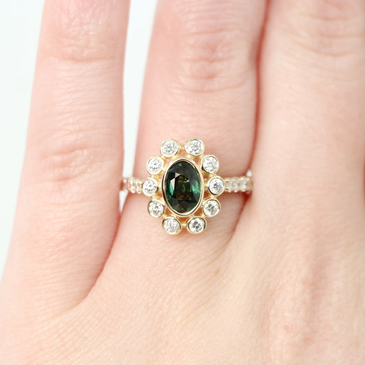 Minnie Ring with a 1.14 Carat Green Oval Australian Sapphire and White Accent Diamonds in 14k Yellow Gold - Ready to Size and Ship - Midwinter Co. Alternative Bridal Rings and Modern Fine Jewelry