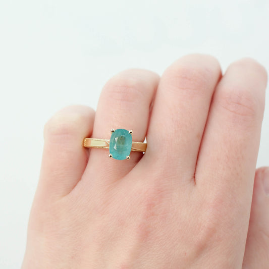 Jane Ring with a 3.22 Carat Teal Oval Grandidierite in 14k Yellow Gold - Ready to Size and Ship - Midwinter Co. Alternative Bridal Rings and Modern Fine Jewelry