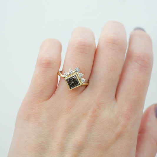 Ashlyn Ring with a 1.62 Carat Dark Champagne Celestial Princess Cut in 14K Yellow Gold - Ready to size and ship - Midwinter Co. Alternative Bridal Rings and Modern Fine Jewelry