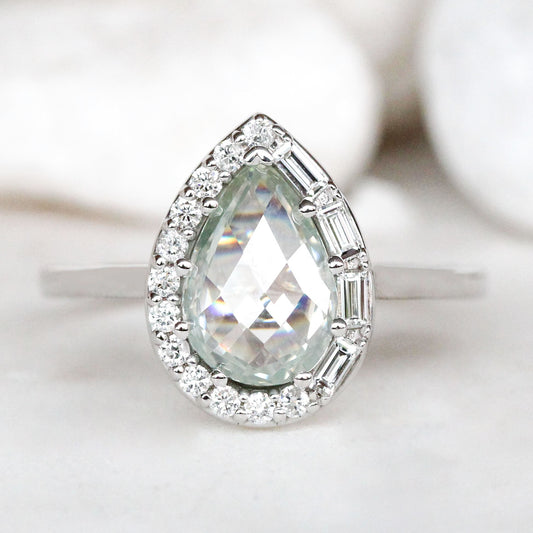 Collins Ring with a 1 Carat Clear Moissanite and White Accent Diamonds in 10k White Gold - Ready to Size and Ship - Midwinter Co. Alternative Bridal Rings and Modern Fine Jewelry