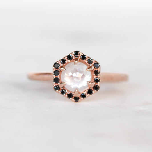 Sia Ring with a 0.90 Carat Misty White Round Rose Cut Diamond and Black Accent Diamonds in 10k Rose Gold - Ready to Size and Ship - Midwinter Co. Alternative Bridal Rings and Modern Fine Jewelry