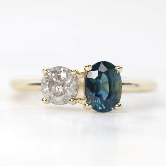 Toi et Moi Ring with a 0.58 Light Gray Round Celestial Diamond and a 1.11 Carat Teal Blue Oval Sapphire in 14k Yellow Gold - Ready to Size and Ship - Midwinter Co. Alternative Bridal Rings and Modern Fine Jewelry