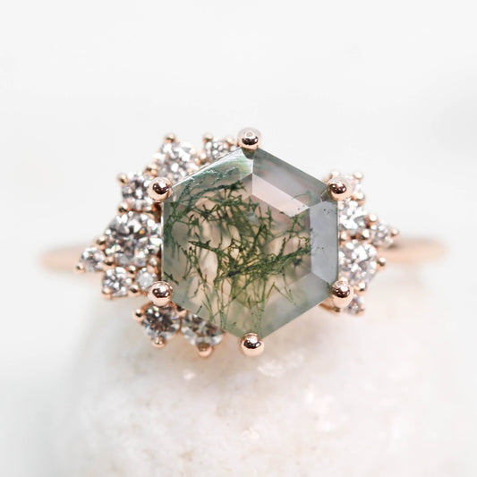 Custom Orion with 2 Carat Hexagon Moss Agate and White Accent Diamonds in your Choice of 14K Gold or Platinum - Made to Order - Each Stone is Unique - Midwinter Co. Alternative Bridal Rings and Modern Fine Jewelry