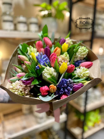 A magnificent bouquet of everything Spring. Fragrant Hyacinths and the finest colourful tulips arranged and delivered in our unique wrapping from FIORI Oakville