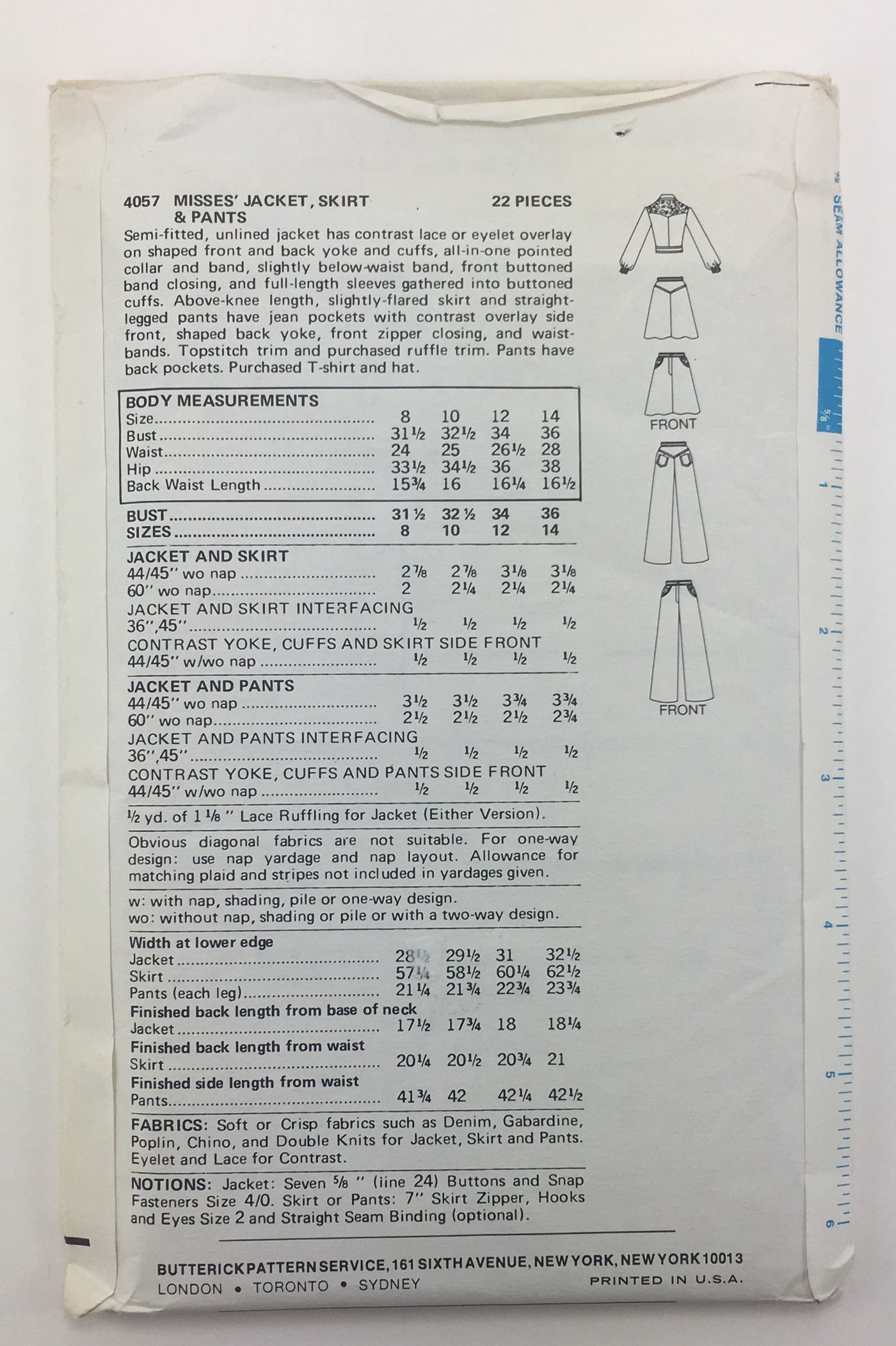 Butterick 4057 1970s Jeans, Skirt, Jacket Vintage Sewing Pattern ...