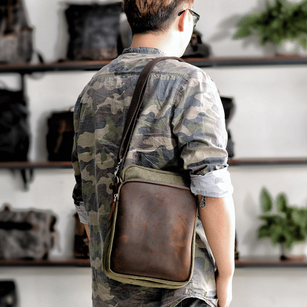 Cool Canvas Leather Mens Vertical Small Side Bag Gray Messenger Bag fo ...