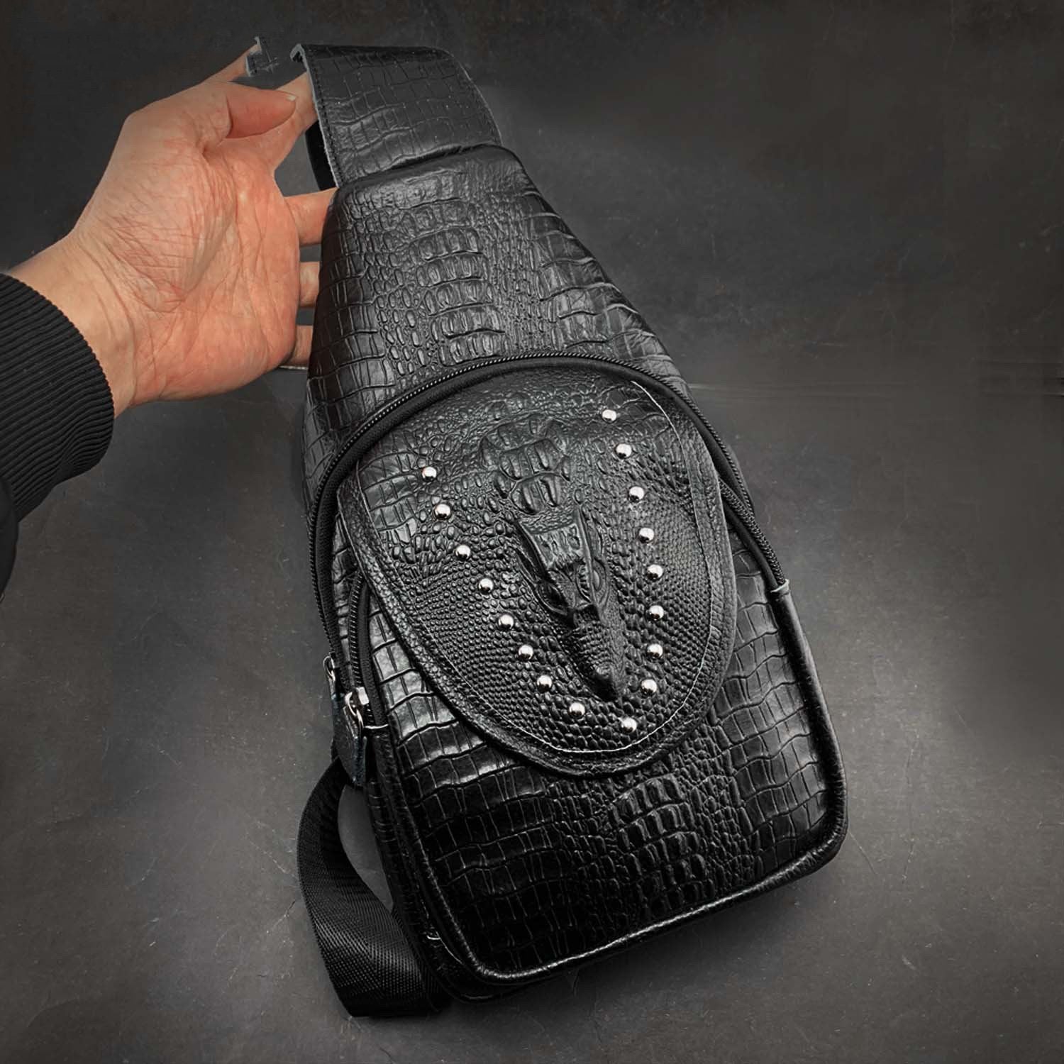 Badass Black Leather Men&#39;s Sling Bag Chest Bag One shoulder Backpack S – imessengerbags