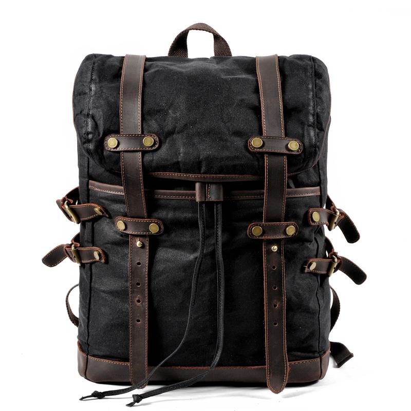 Cool Waxed Canvas Leather Mens Black 15.6‘’ Large Hiking Backpack Gree ...