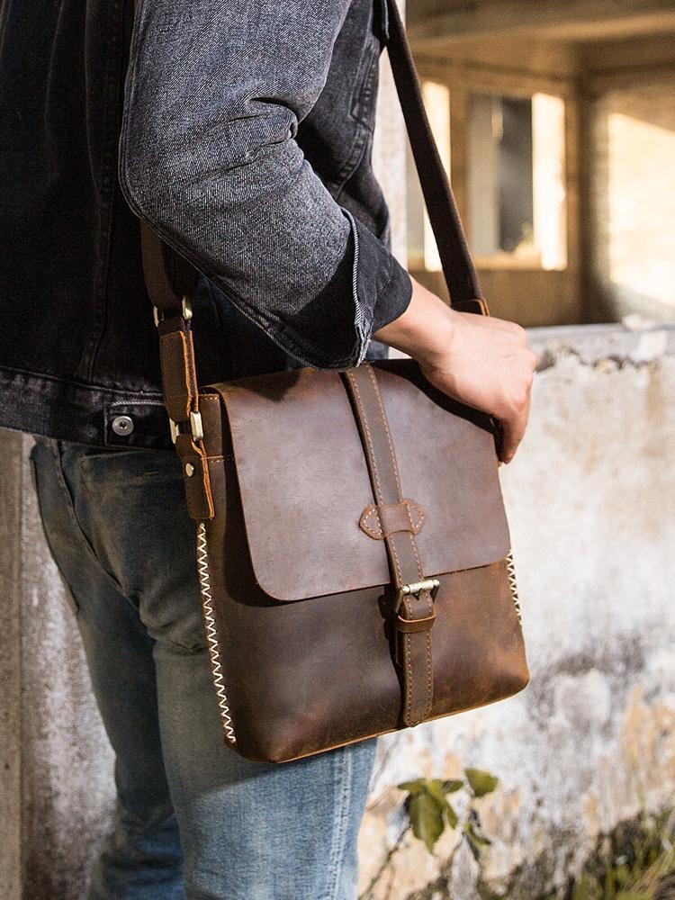 Dark Brown Casual Leather Mens 10 inches Vertical Side Bag Postman Bag ...