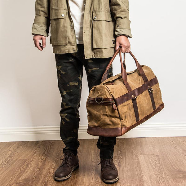 Khaki Waxed Canvas Leather Mens Waterproof Large Weekender Bag Travel ...