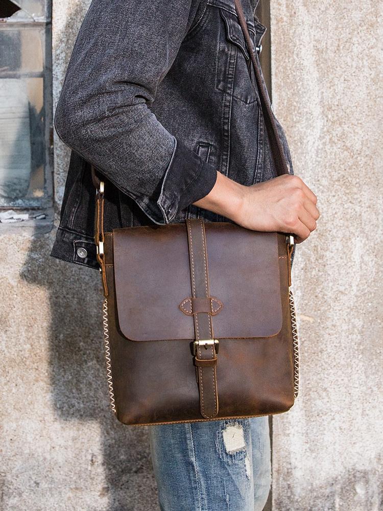 Dark Brown Casual Leather Mens 10 inches Vertical Side Bag Postman Bag ...