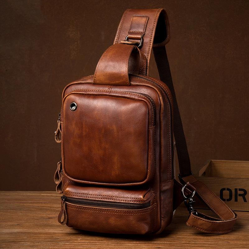 Casual Brown Leather Mens Sling Pack Sling Bag Chest Bag One Shoulder ...